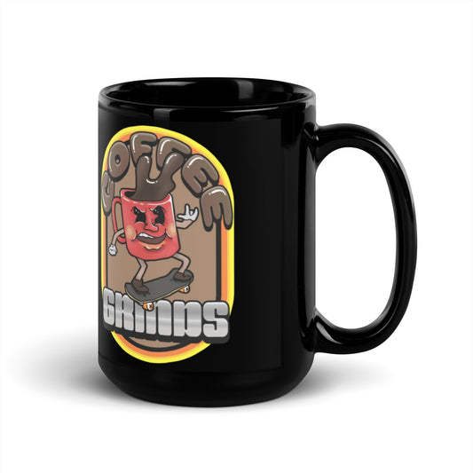 "COFFEE GRINDS" Black Glossy Mug